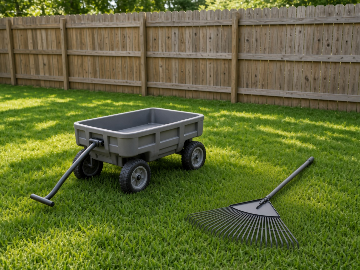 Work cart and scoop tools on a grass lawn